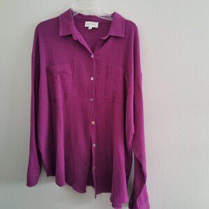 Long sleeved gauze magenta colored button-down shirt for women